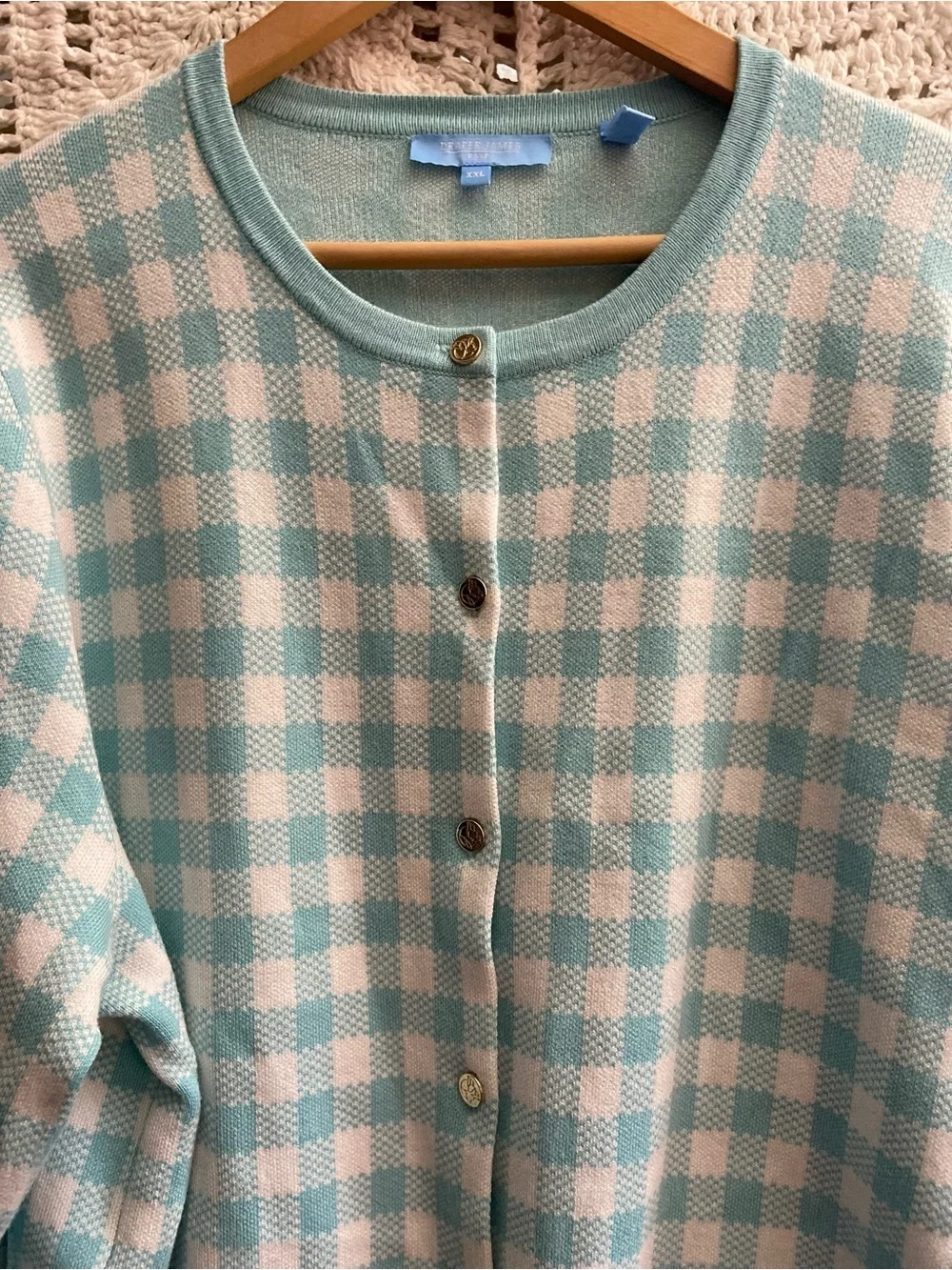Draper James ❤️ RSVP Aqua Gingham Knit Cardigan Sweater XXL